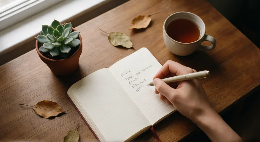como ser mejor persona, Cuaderno de reflexión personal sobre una mesa de madera con té y luz natural