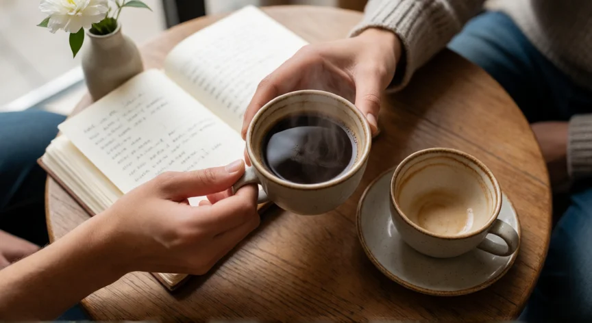 como ser mejor persona cada dia, Dos manos compartiendo café en una mesa con una libreta de reflexión
