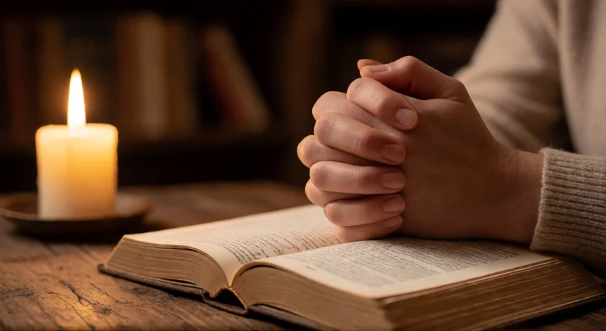 como ser mejor persona cada dia segun la biblia, Manos orando sobre libro abierto con luz de vela cálida, ambiente de oración personal y serena