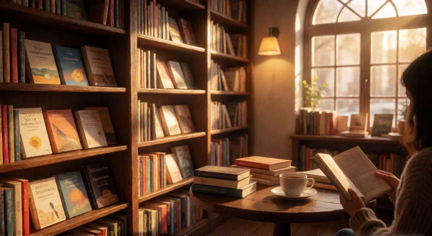 como ser mejor persona libro, Persona leyendo un libro de filosofía en una librería acogedora con luz dorada