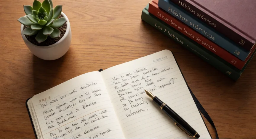 como ser mejor persona libro, Mesa de escritorio con cuaderno de notas y libros de desarrollo personal