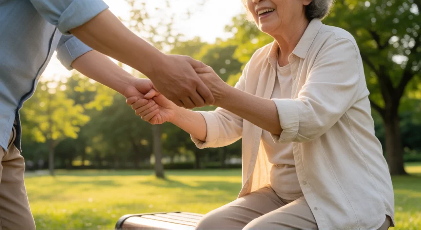 como ser mejor persona según la biblia, Manos ayudando a una persona mayor a ponerse de pie en un parque soleado, acto de servicio y caridad