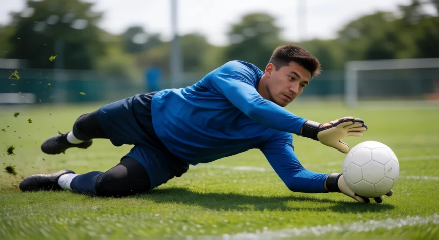como ser mejor portero de futbol, Guardameta realizando una estirada lateral para atajar un balón