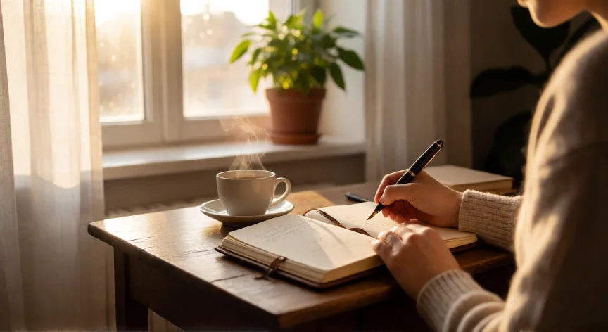 como ser mejor que ayer, Persona escribiendo en un diario matutino con luz natural y café