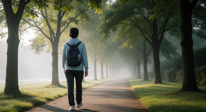 como ser mejor que ayer, Persona caminando por un sendero arbolado al amanecer