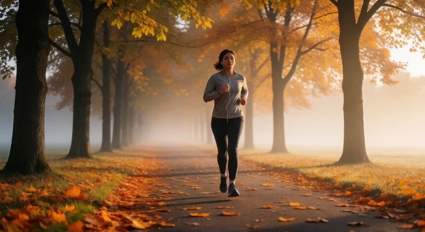 como ser mejor que los demas, Persona corriendo por un sendero arbolado al amanecer con hojas de otoño