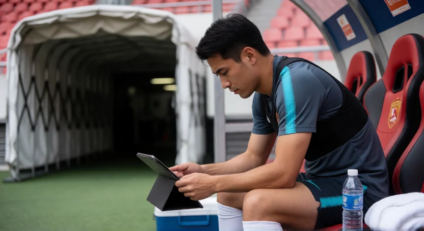 como ser mejor que messi, Jugador analizando vídeo de partido en el túnel de vestuario con una tableta
