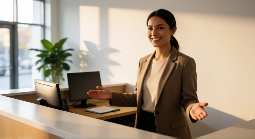 como ser mejor recepcionista, Recepcionista profesional dando la bienvenida en una oficina moderna