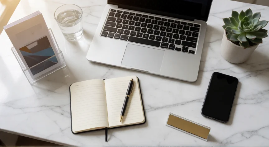 como ser mejor recepcionista, Mesa de recepción ordenada con herramientas de trabajo y detalles profesionales