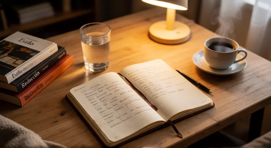 como ser mejor redactado, Mesa de escritorio con libreta abierta y libros de redacción bajo luz cálida