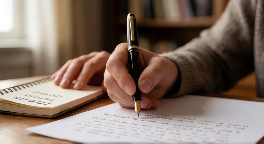 como ser mejor redactado, Manos sosteniendo una pluma sobre papel en blanco junto a una libreta de ideas