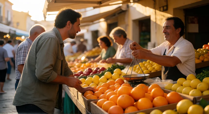 como ser mejor regateador, Comprador negociando el precio con un vendedor de frutas en un mercado al aire libre