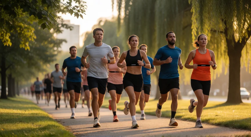 como ser mejor runner, Grupo de runners entrenando al amanecer en un parque urbano con monitores de frecuencia cardíaca
