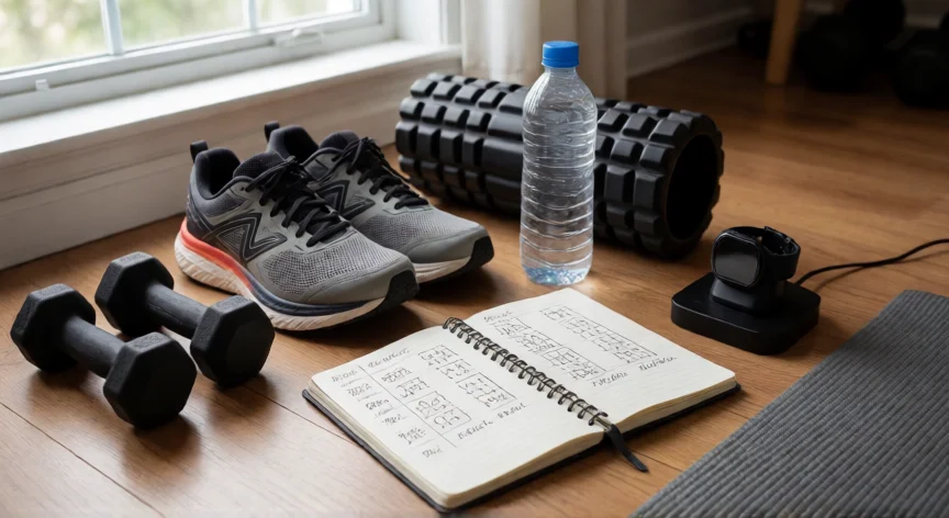 como ser mejor runner, Estación de entrenamiento del runner con zapatillas, foam roller, reloj GPS y diario de carreras