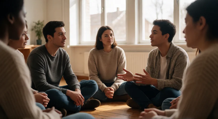 como ser mejor ser humano, Grupo de personas en círculo practicando escucha activa y empatía