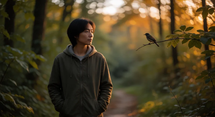 como ser mejor ser humano, Persona reflexionando en un sendero forestal al atardecer