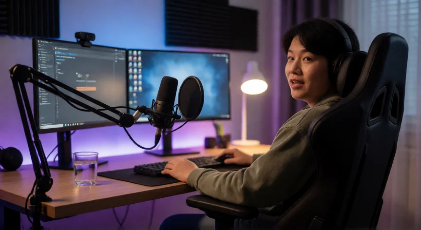 como ser mejor streamer, Setup de streaming en casa con iluminación LED y micrófono profesional