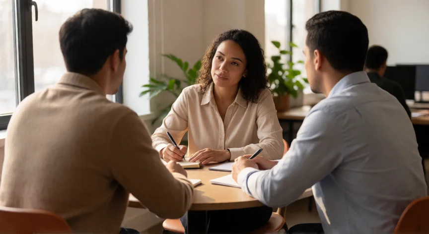 como ser mejor supervisor, Supervisora en conversación uno a uno con un miembro del equipo en oficina moderna