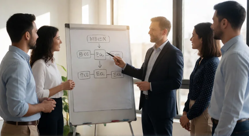 como ser mejor supervisor, Equipo de trabajo colaborando alrededor de una pizarra con un supervisor guiando la sesión