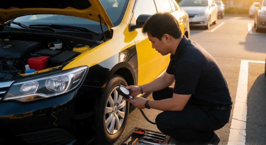como ser mejor taxista, Taxista realizando la inspección preventiva de su vehículo antes de salir a ruta