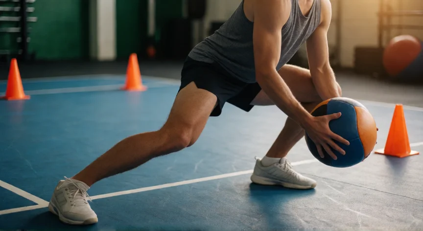 como ser mejor tenista, Jugador de tenis realizando ejercicios de fuerza y agilidad en el gimnasio con conos