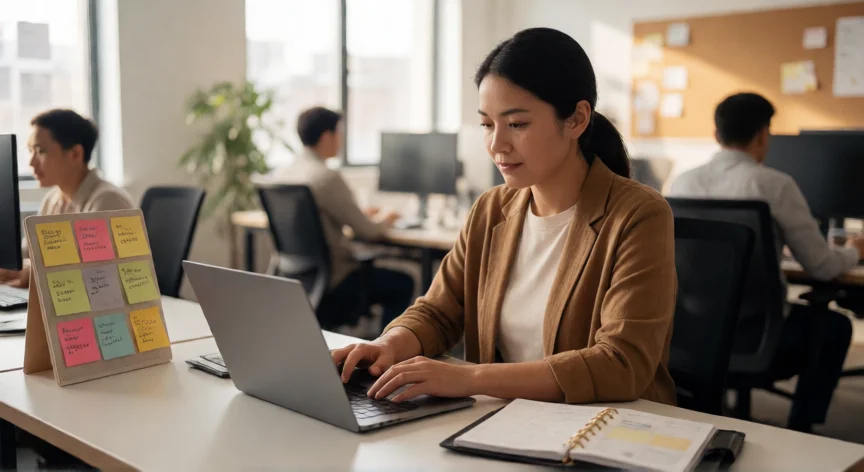 como ser mejor trabajador, Profesional organizando su tiempo en una oficina moderna con método de bloques horarios