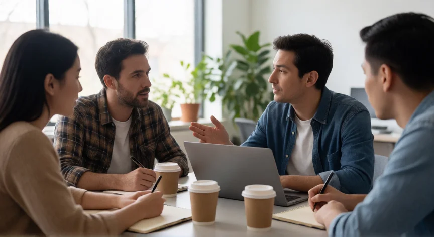 como ser mejor trabajador, Equipo de trabajo colaborando en una reunión informal de retroalimentación