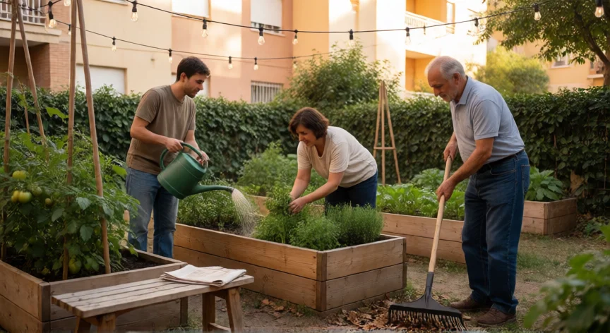 como ser mejor vecino, Vecinos de distintas edades trabajando juntos en un huerto comunitario del patio
