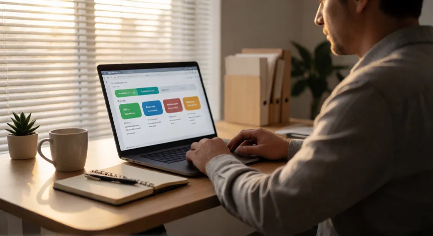 como ser mejor vendedor, Profesional revisando su embudo de ventas en una laptop durante la mañana