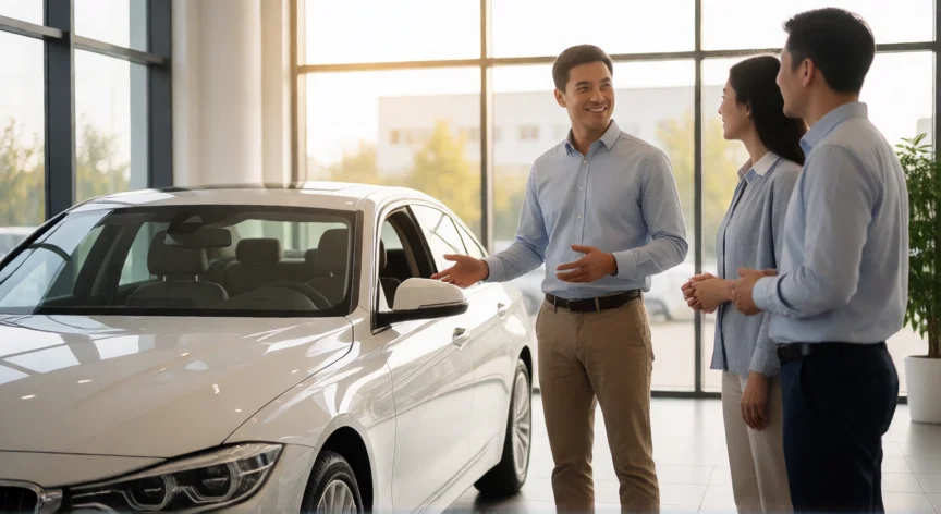 como ser mejor vendedor de autos, Vendedor de autos mostrando un coche a un cliente en concesionario