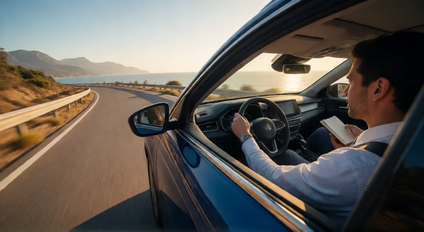 como ser mejor vendedor de autos, Prueba de conducción de un SUV en carretera costera al atardecer