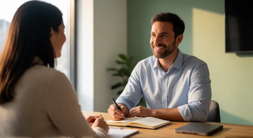 como ser mejor vendedor de productos, Vendedor profesional en conversación activa con un cliente en oficina moderna
