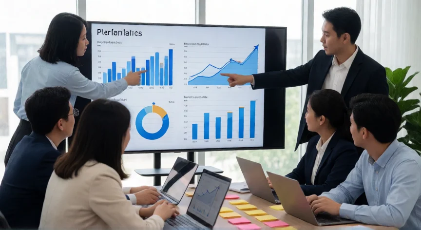 como ser mejor vendedor de productos, Equipo comercial analizando métricas de ventas en reunión de seguimiento