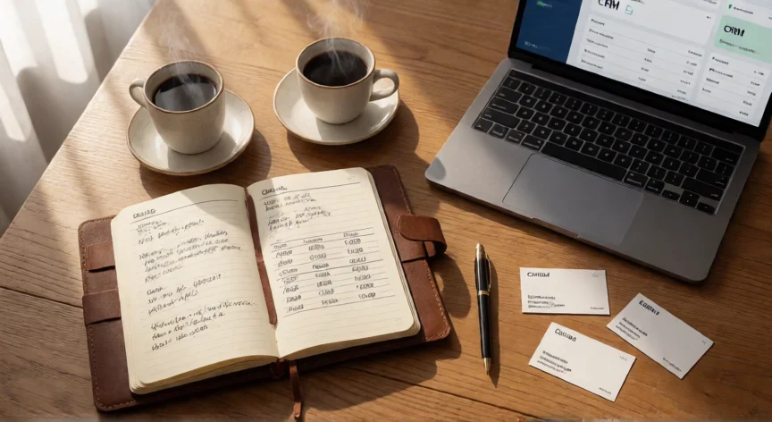 como ser mejor vendedor del mundo, Mesa de trabajo de un vendedor con notas, CRM abierto y material de preparación para reuniones