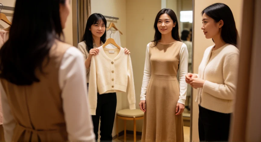 como ser mejor vendedora de ropa, Clienta probándose un vestido en el camerino mientras la vendedora sugiere una combinación
