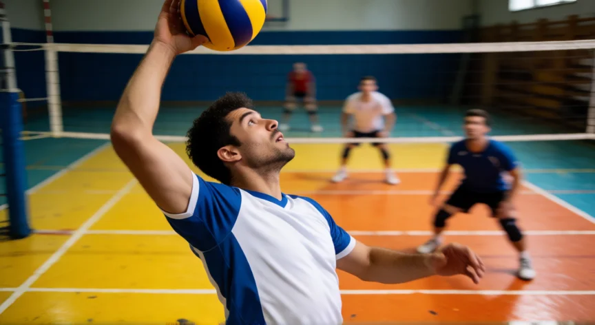 como ser mejor voleibolista, Jugador de voleibol ejecutando un remate en la red durante un partido en pista interior