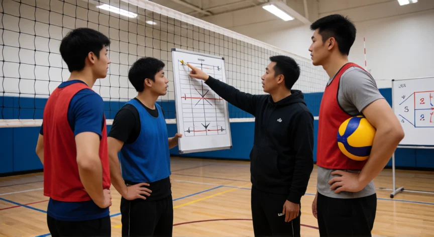como ser mejor voleibolista, Sesión de entrenamiento táctico de voleibol con el entrenador explicando rotaciones en pizarra