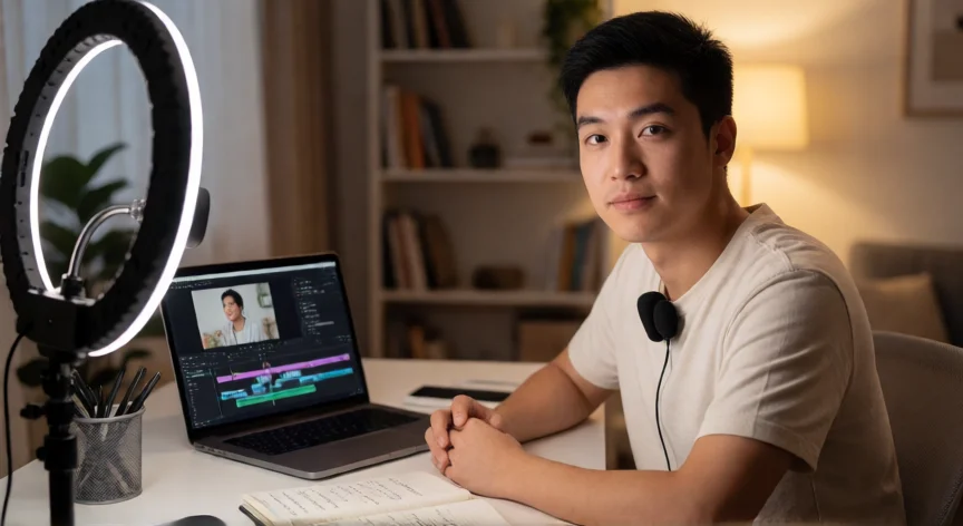 como ser mejor youtuber, Creador de contenido en su setup de grabación con luz anillo y micrófono
