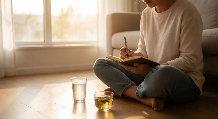 como ser mi mejor version, Persona escribiendo en un diario de reflexión matutina en un ambiente luminoso y sereno