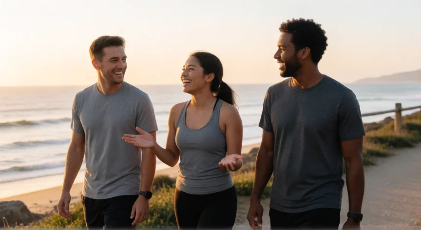 como ser mi mejor version, Amigos caminando y riendo juntos junto al mar al amanecer