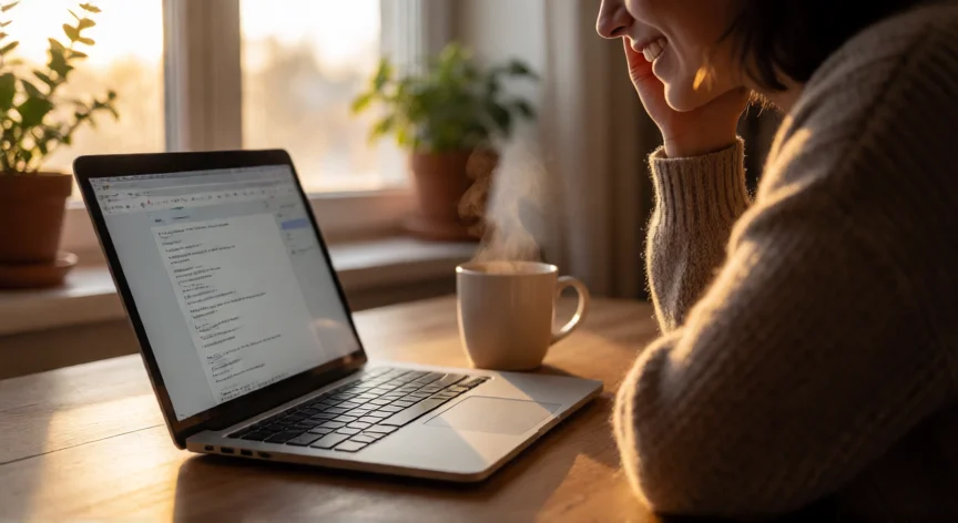 Persona sonriendo frente a una laptop en un escritorio acogedor con luz cálida