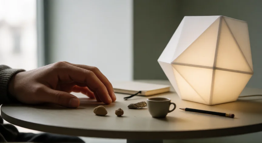 como ser tu mejor amigo, Mano humana y forma geométrica luminosa frente a frente en una mesa