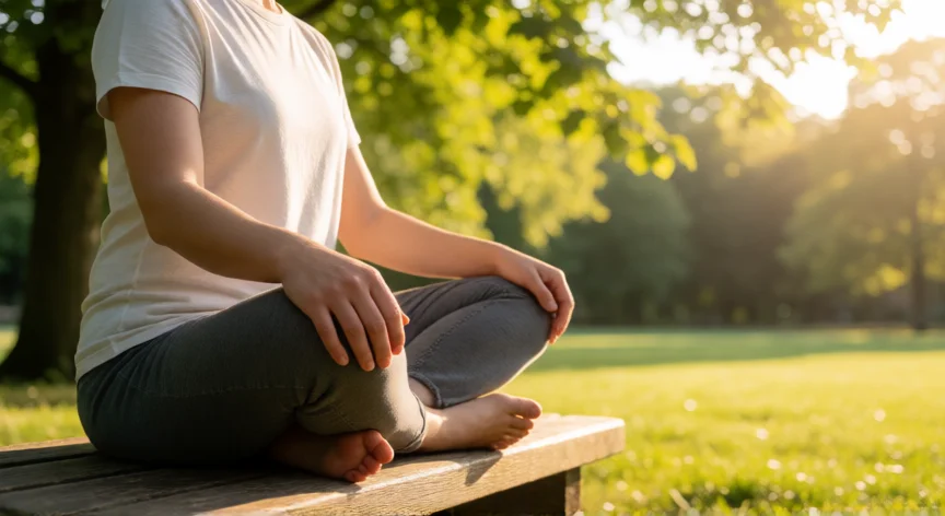 Persona meditando en un banco de parque con luz dorada