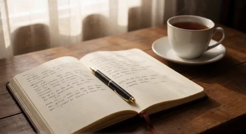 como ser tu mejor psicologo, Diario abierto con reflexiones escritas a mano junto a una taza de té