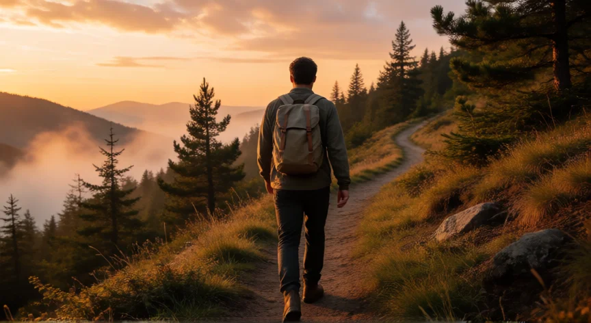 como ser tu mejor version, Persona caminando por un sendero de montaña al atardecer, simbolizando el crecimiento personal