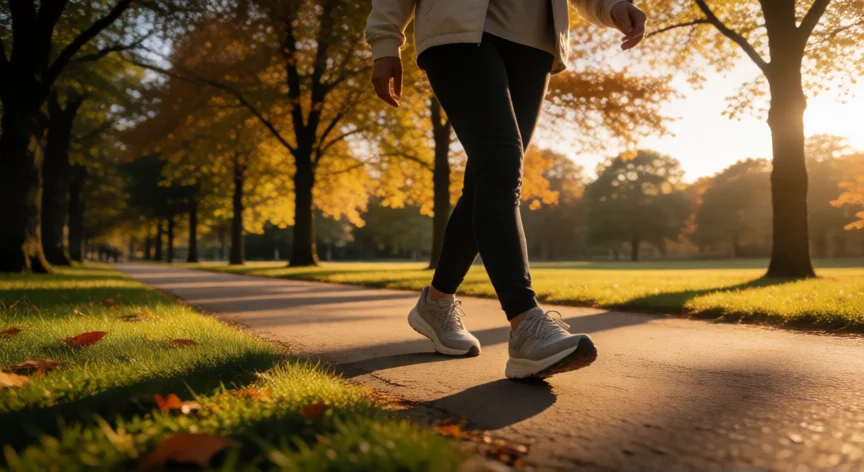 como ser tu mejor versión en 8 pasos, Persona caminando por un parque al atardecer con actitud serena y decidida