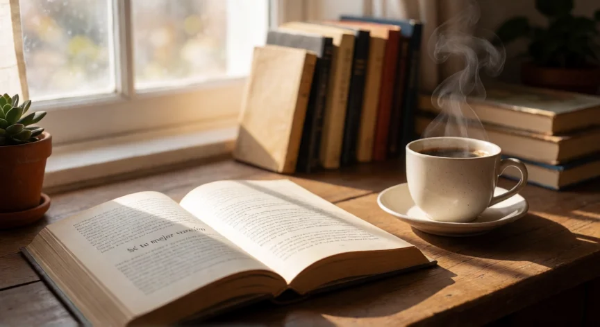 como ser tu mejor version libro, Mesa de escritorio con libro abierto de desarrollo personal, café y luz matinal