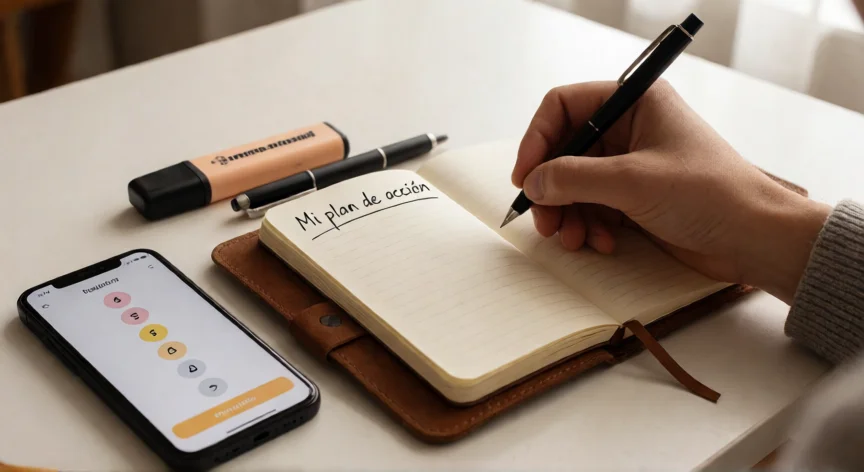 como ser tu mejor version libro, Manos escribiendo en una libreta de hábitos con bolígrafo y marcador sobre escritorio