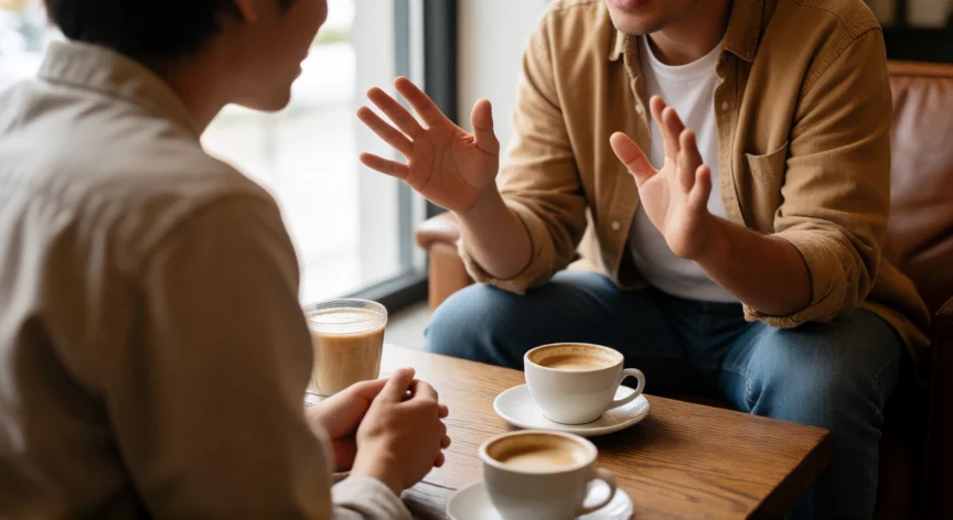 como ser un buen orador y mejor comunicador, Dos personas en conversación activa y atenta en una cafetería acogedora