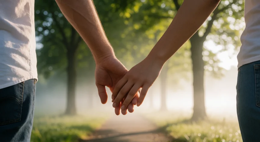 como ser un mejor esposo, Manos de una pareja caminando juntas por un sendero matinal